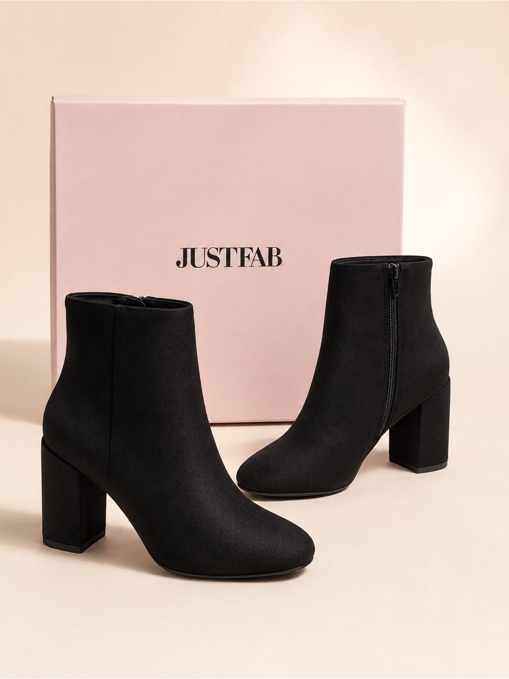 JustFab Black Suede Block Heel Ankle Boots